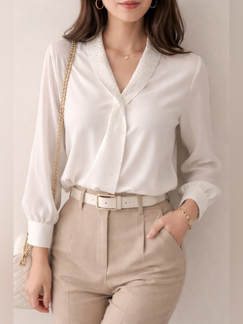 Wallis Cream Satin V-Neck Blouse with Sequin Collar